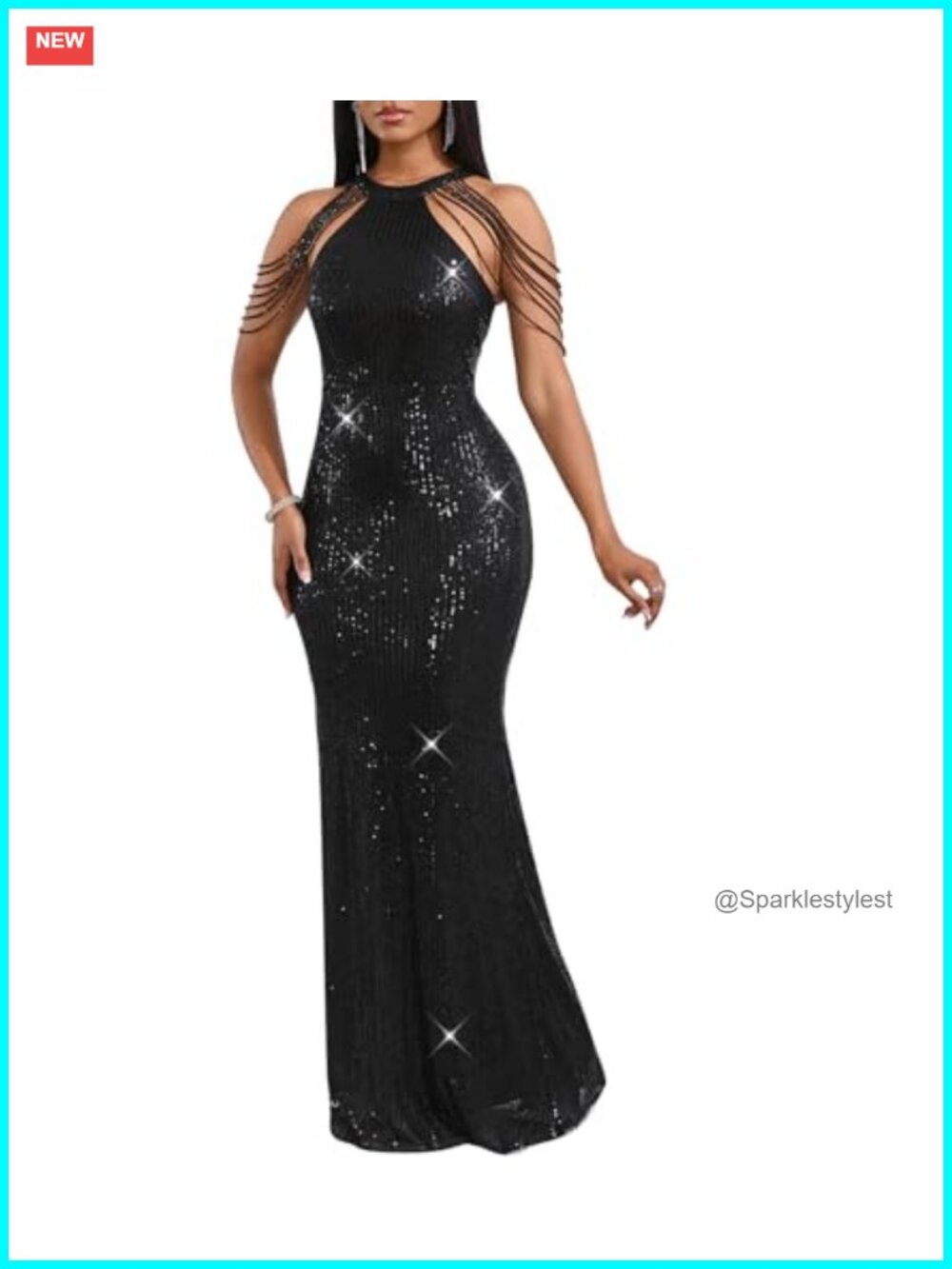Sequin Halter Tassel Mermaid Formal Maxi Dress Evening Gown